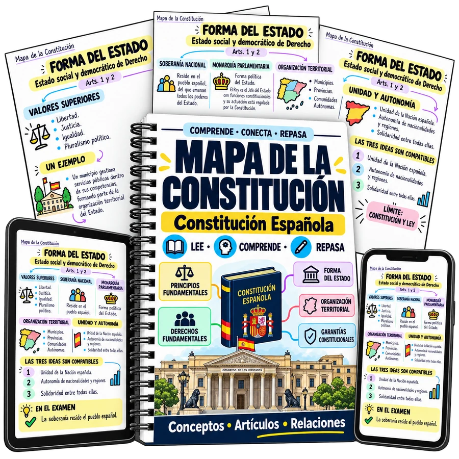 Mapa de la Constitución en cuaderno, tablet y móvil con páginas de mapas mentales